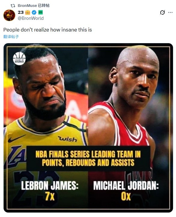 詹姆斯总决赛得分&篮板&助攻7次领跑全队&乔丹0次 自媒体：太作假